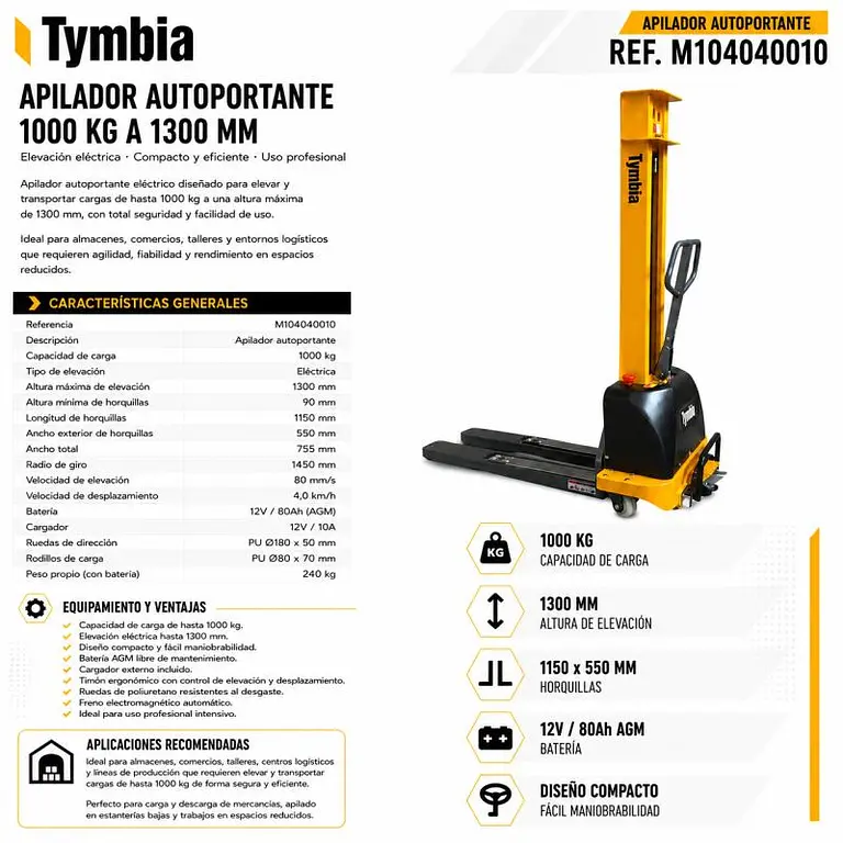 Self-supporting stacker 1000kg to 1300mm