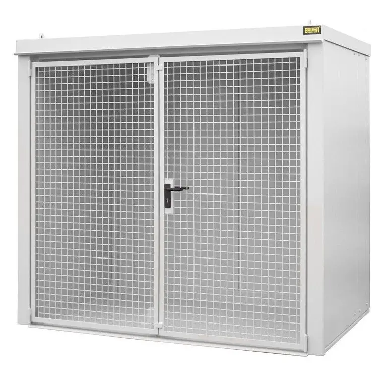 Gas cylinder storage container with fire-resistant walls and roof