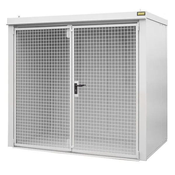 Gas cylinder storage container with fire-resistant walls and roof