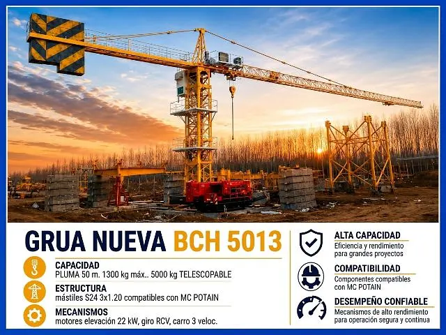 Grúa Torre Telescopable BCH 5013 – 5 Toneladas, Pluma de 50m