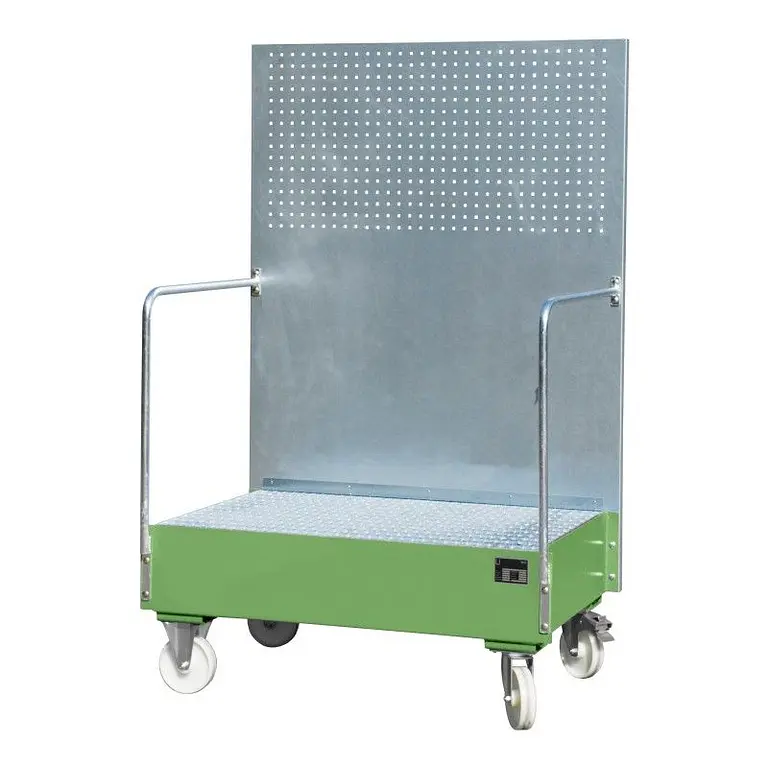 Mobile drip tray with perforated panel, painted, Reseda green