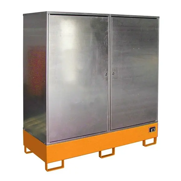 Hazardous materials storage cabinet painted orange yellow