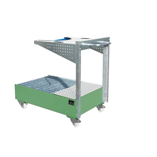 Mobile collector tray with perforated panel painted green