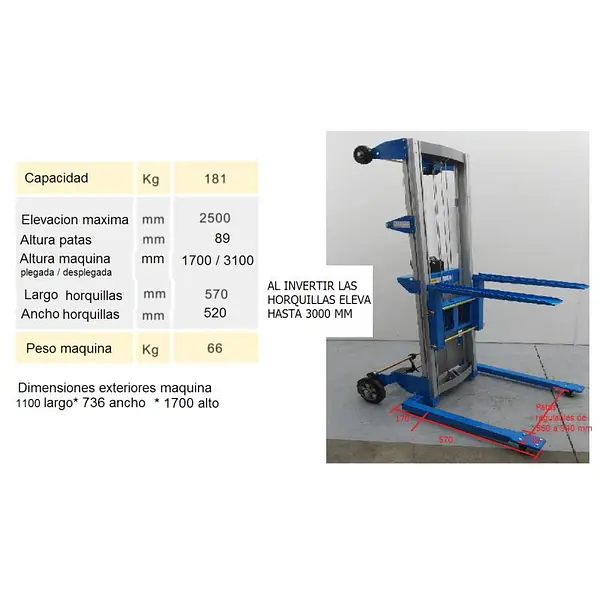 Apilador Manual 180kg a 2500-3000mm (aluminio)