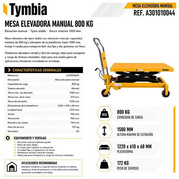 Mesa Elevadora Manual 800kg a 1500mm