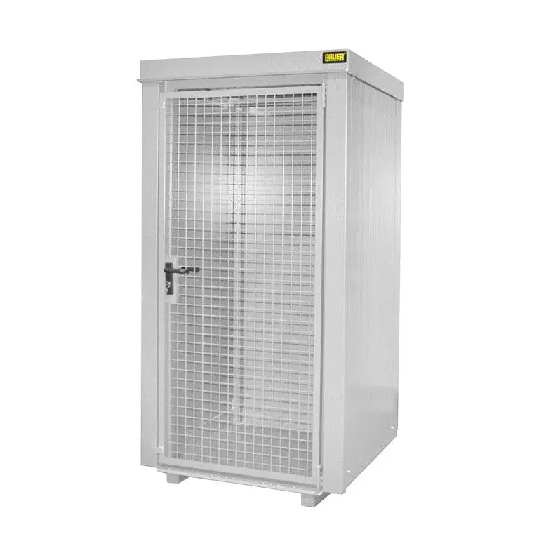Gas cylinder storage container with fire-resistant walls and roof