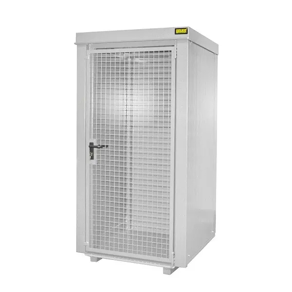 Gas cylinder storage container with fire-resistant walls and roof