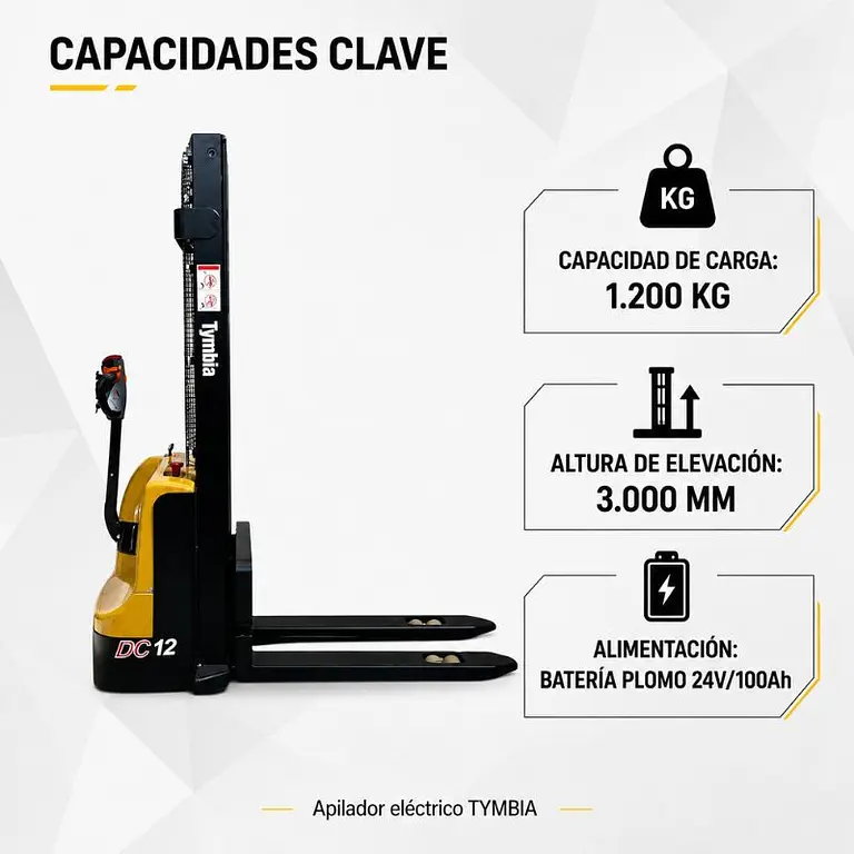 Electric stacker 1200kg to 3000mm - 24V / 100Ah