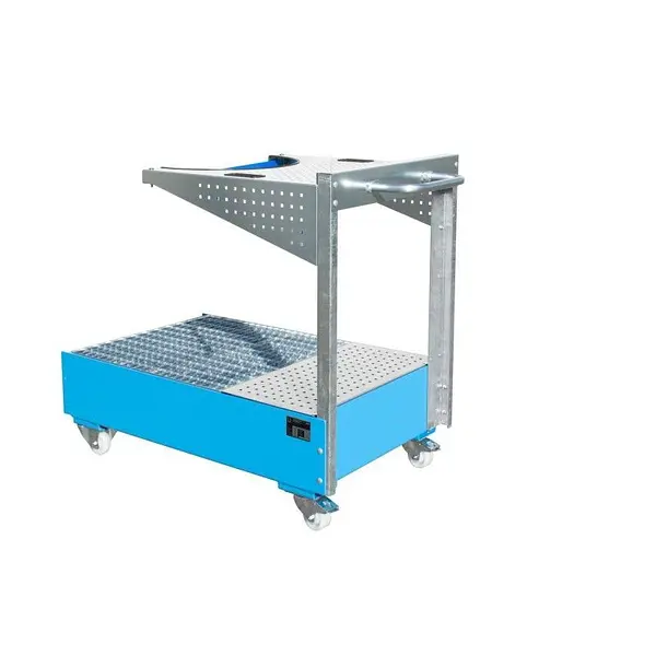 Mobile collector tray with perforated panel painted light blue