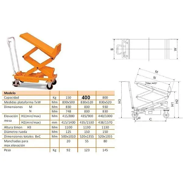 Mesa Elevadora Manual 400kg (inclinable)