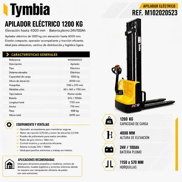 Tymbia electric stacker 1200kg 4000mm 24V 100Ah