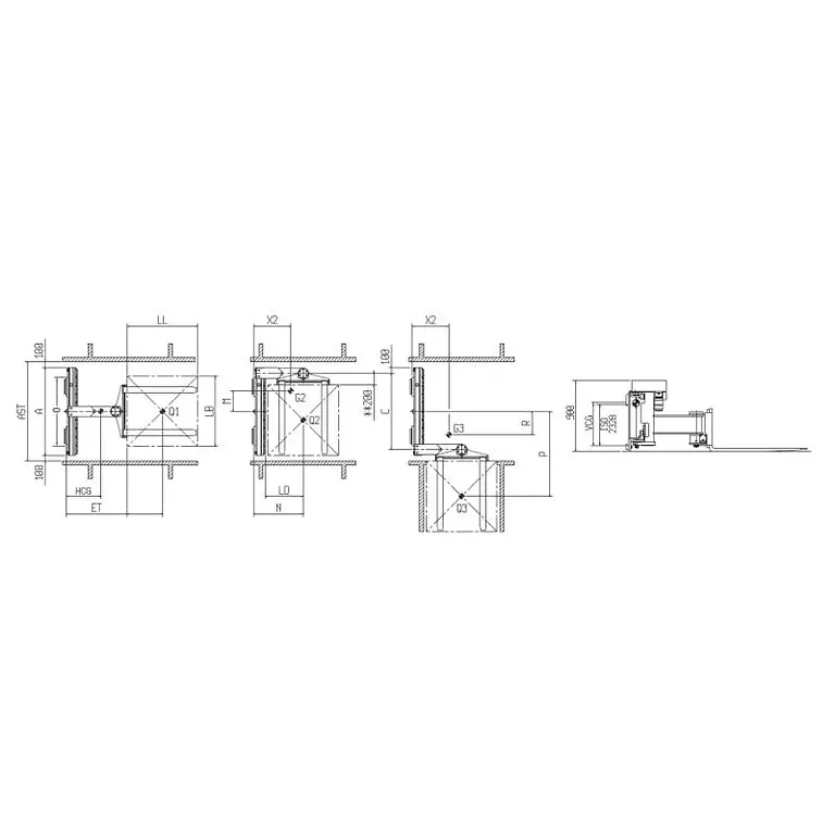 FEM2 FEM3 trilateral attachment for lateral charge forklift