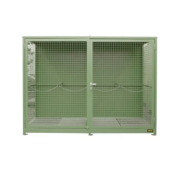 Gas cylinder storage container with mesh floor painted in Reseda green