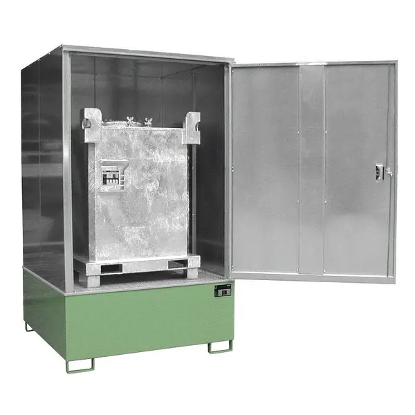 Hazardous materials cabinet painted green for IBC storage