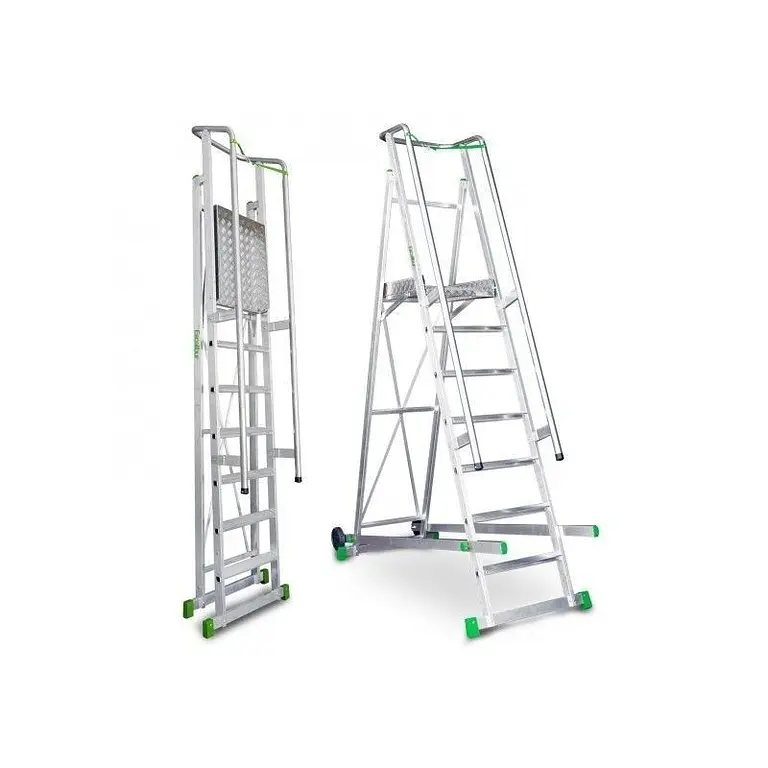 Escalera ligera de aluminio con plataforma y barandilla