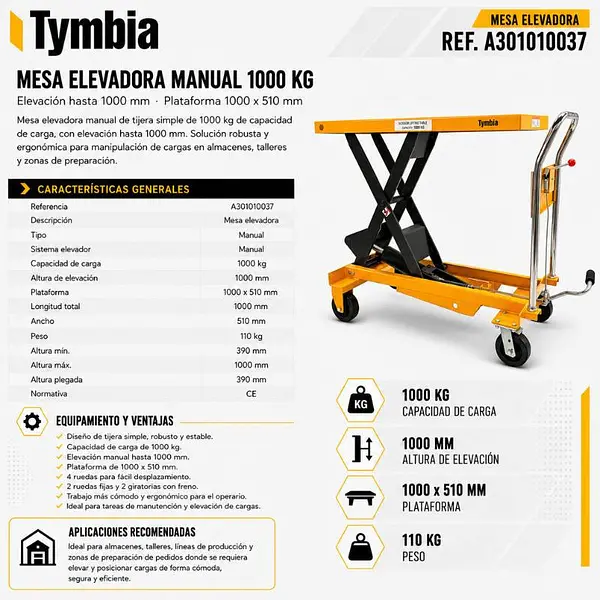 Mesa elevadora manual de tijera 1000kg