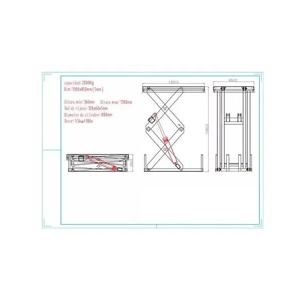 Electric lift table 2000kg 1780mm 1300x850mm double scissor