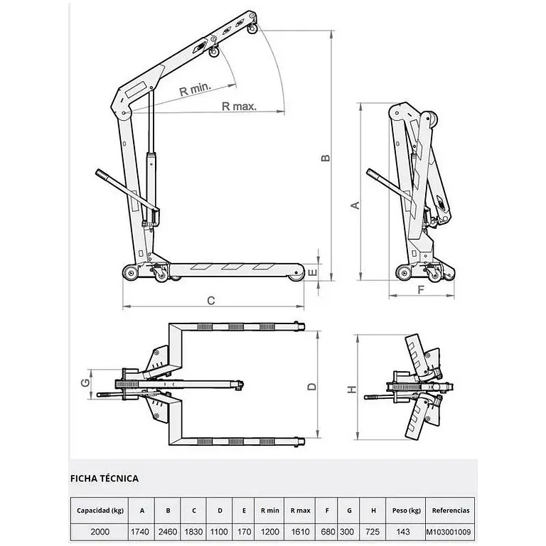 Grúa manual 2000kg plegable para pallets