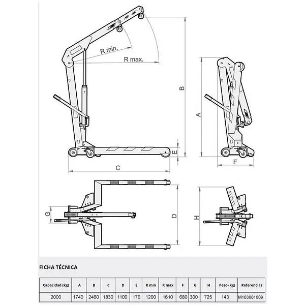 Grúa manual 2000kg plegable para pallets
