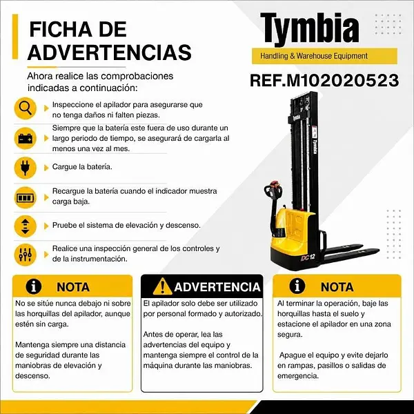 Tymbia electric stacker 1200kg 4000mm 24V 100Ah