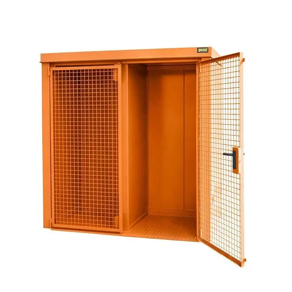 Contenedor de almacenamiento para bombonas de gas pintado amarillo naranja