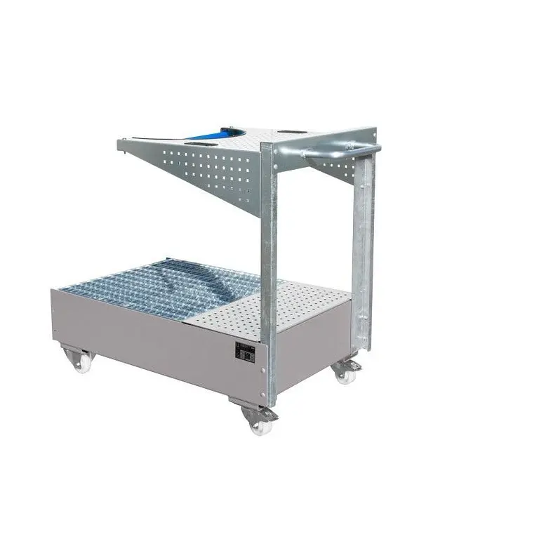 Mobile collector tray with perforated panel painted grey