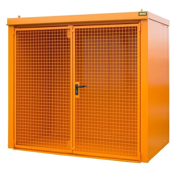 Contenedor de almacenamiento para bombonas de gas pintado amarillo naranja