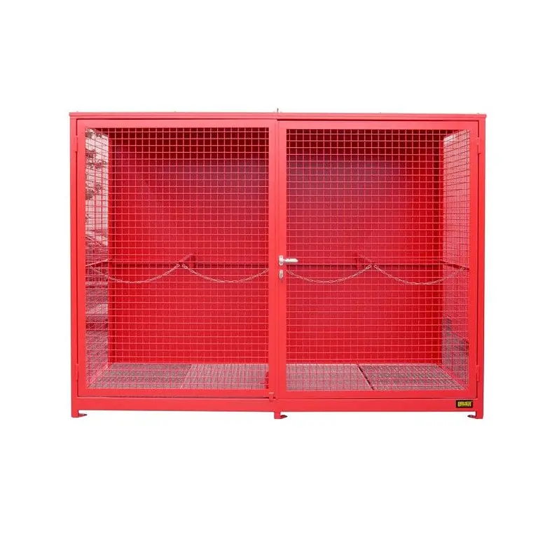 Gas cylinder storage container with grid floor painted fire red