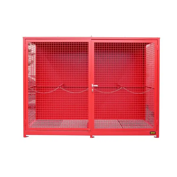 Gas cylinder storage container with grid floor painted fire red