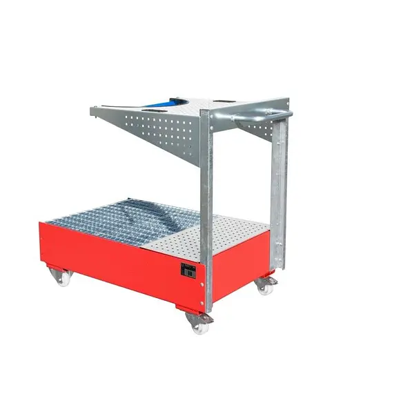 Mobile collector tray with perforated panel painted fire red