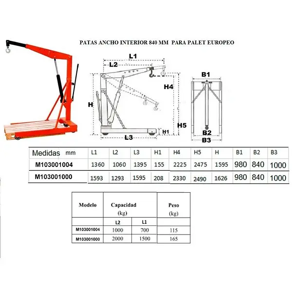 Crane 1,000/2,000kg for european pallet
