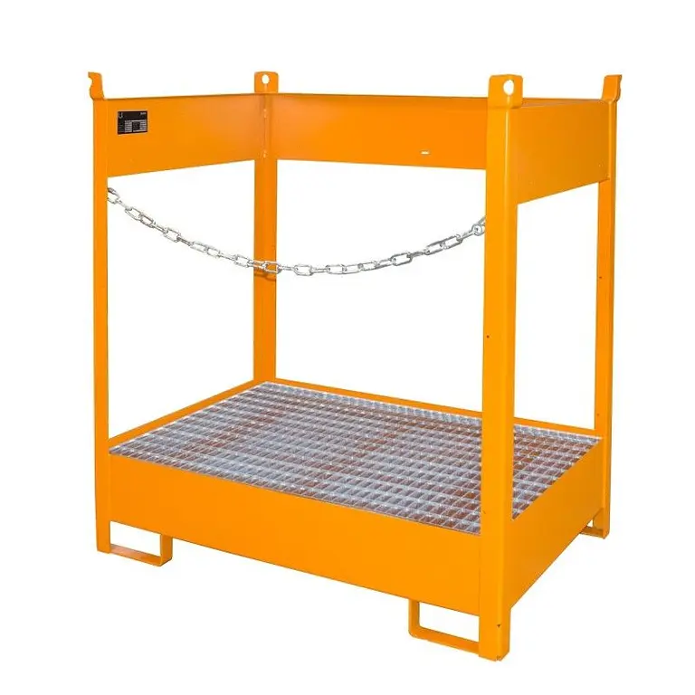 Stacking pallet for drums painted orange yellow