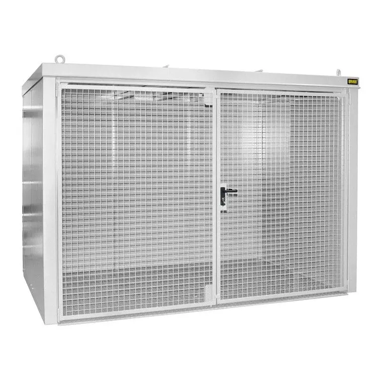 Gas cylinder storage container with fire-resistant walls and roof
