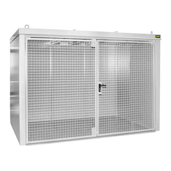 Gas cylinder storage container with fire-resistant walls and roof