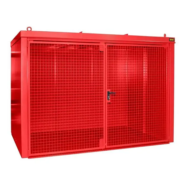 Contenedor de almacenamiento para bombonas de gas pintado rojo fuego