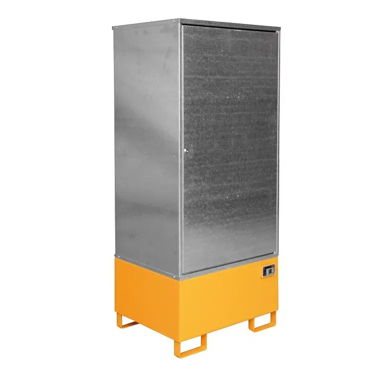 Hazardous materials storage cabinet painted orange yellow